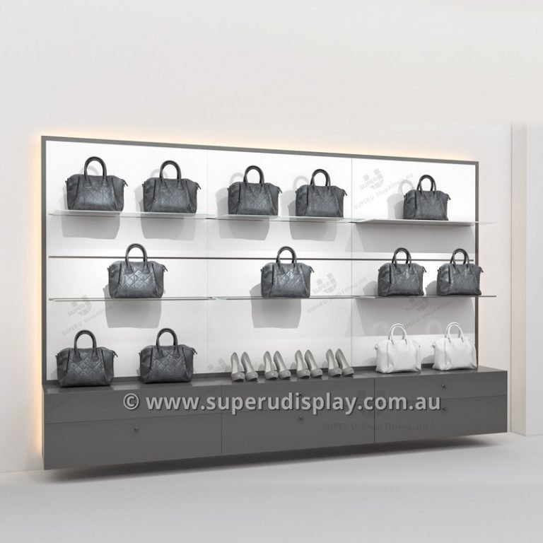 Wall Glass Handbags Display Shelves With Drawer & Backlight Custom